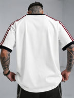 Color-Block Ribbed Striped T-Shirt, Solid White with Double Stripes Basic Style Men'S 100% Versatile Sports Casual Summer Short Sleeve Top, Suitable for Outdoor Wear, Gym, Office, And Daily Fashion, Essential for Men'S Wardrobe - Unisex - White