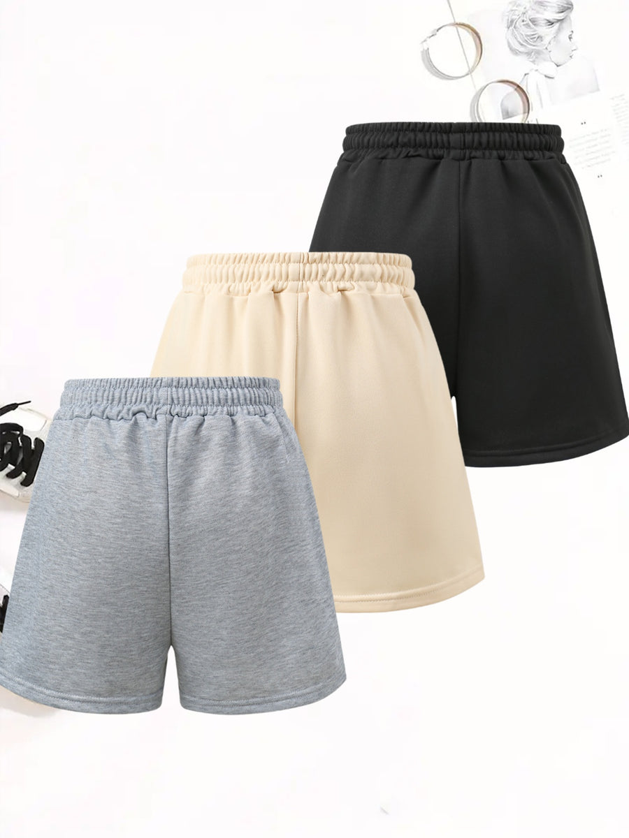 3pcs Women's Elegant Casual Jogger Shorts - English Letter Print, Drawstring Loose Fit Summer Vacation Pants, Machine Washable - Black+apricot+grey