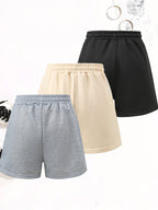 Set of 3 Women'S Elegant Casual Shorts - Featuring Letter Prints, Loose Fit with Drawstring, Perfect for Summer Vacations And Machine Washable - Black+apricot+grey