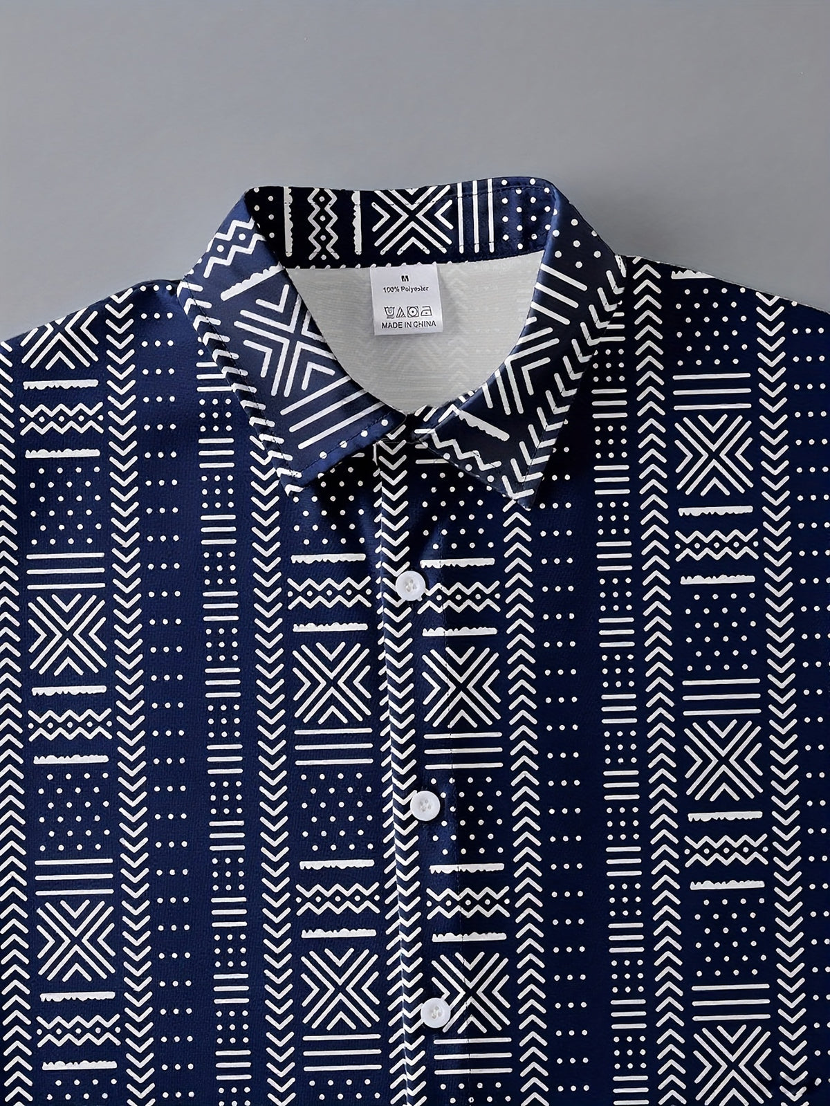Men's Ethnic Print Shirt, Suitable for Vacation Scenes, Comfortable Polyester Fabric - Navy Color