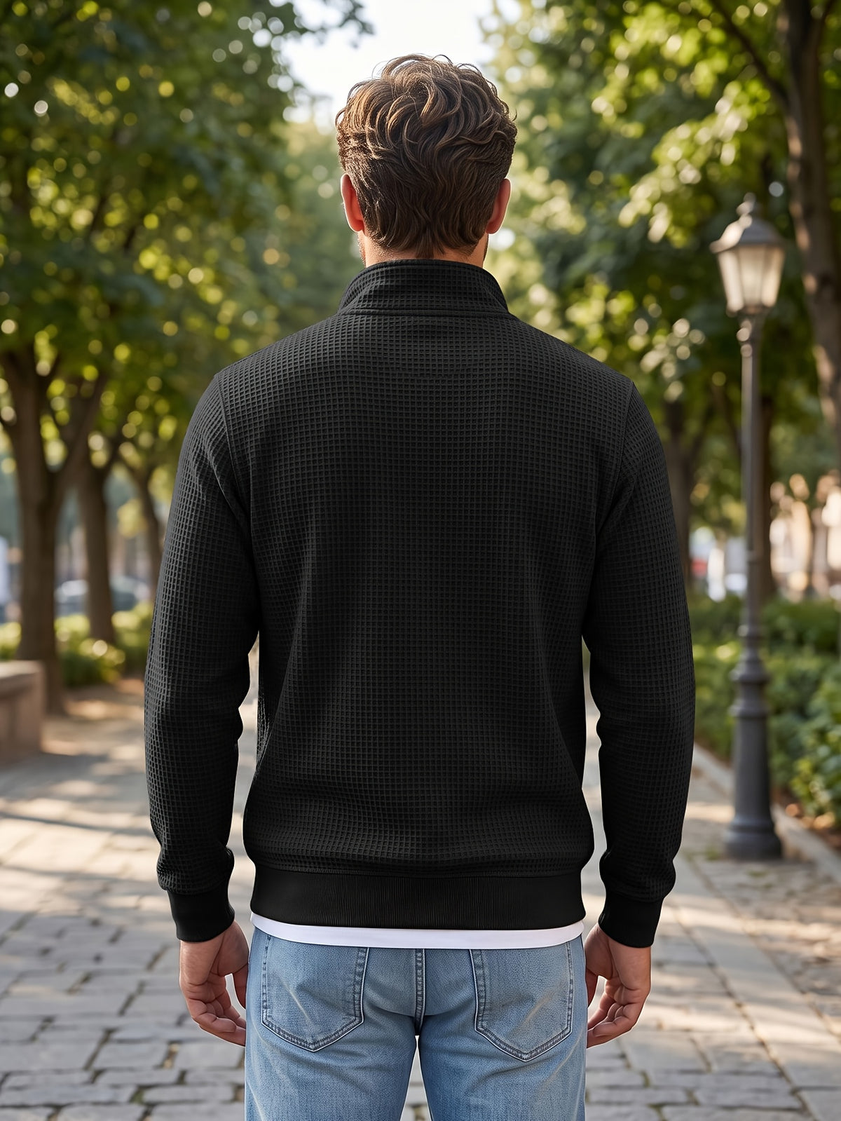 Men's Casual Half-Zip Sweatshirt, Waffle Knit Fabric, Comfortable and Breathable, Versatile for Spring and Autumn, Suitable for Outings and Vacations, an Essential for Daily Wear - Black