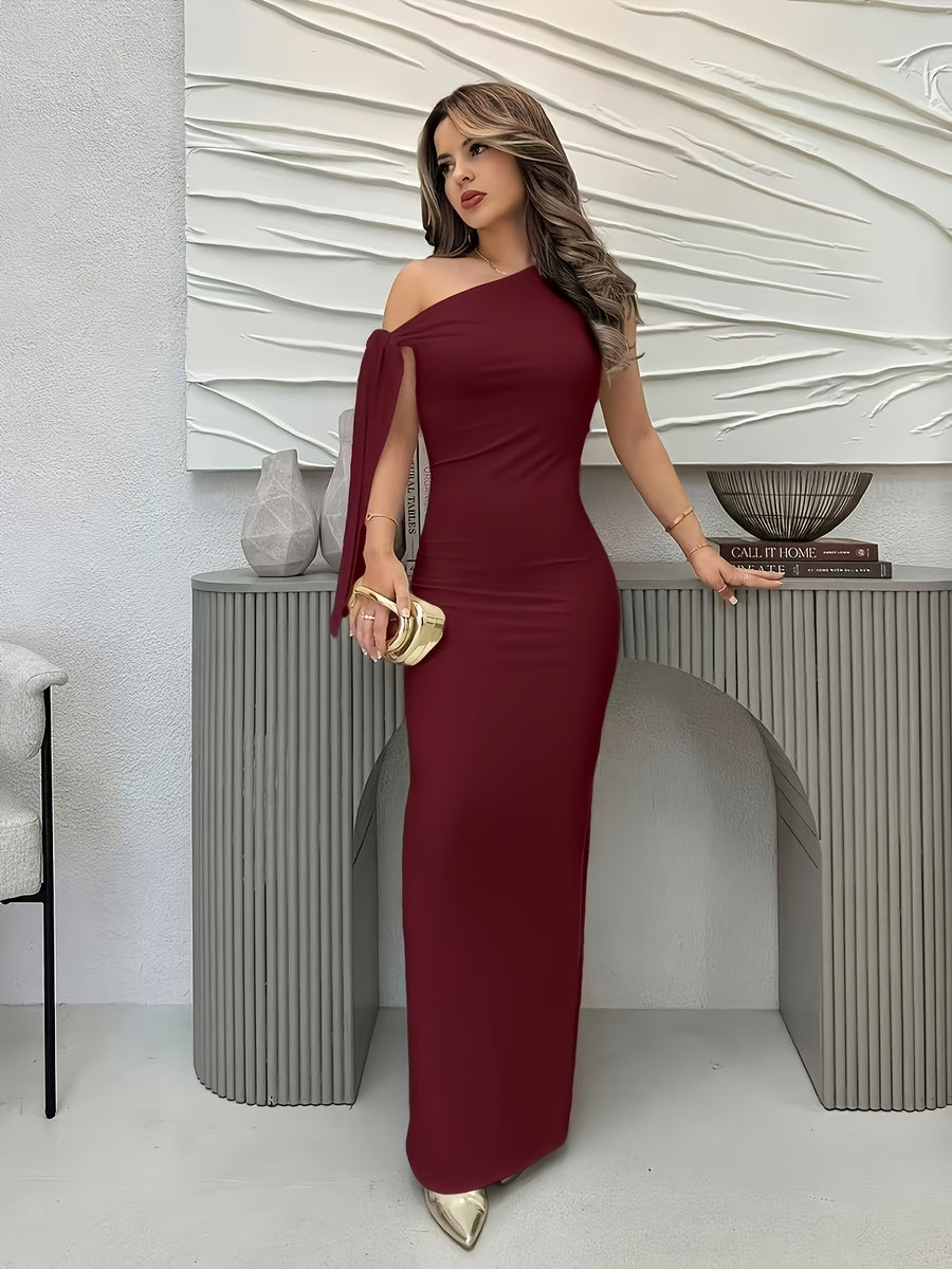 Women'S Solid Asymmetrical Shoulder Tie Pleated Elegant Slit Hem Graduation Dress - Deep Red