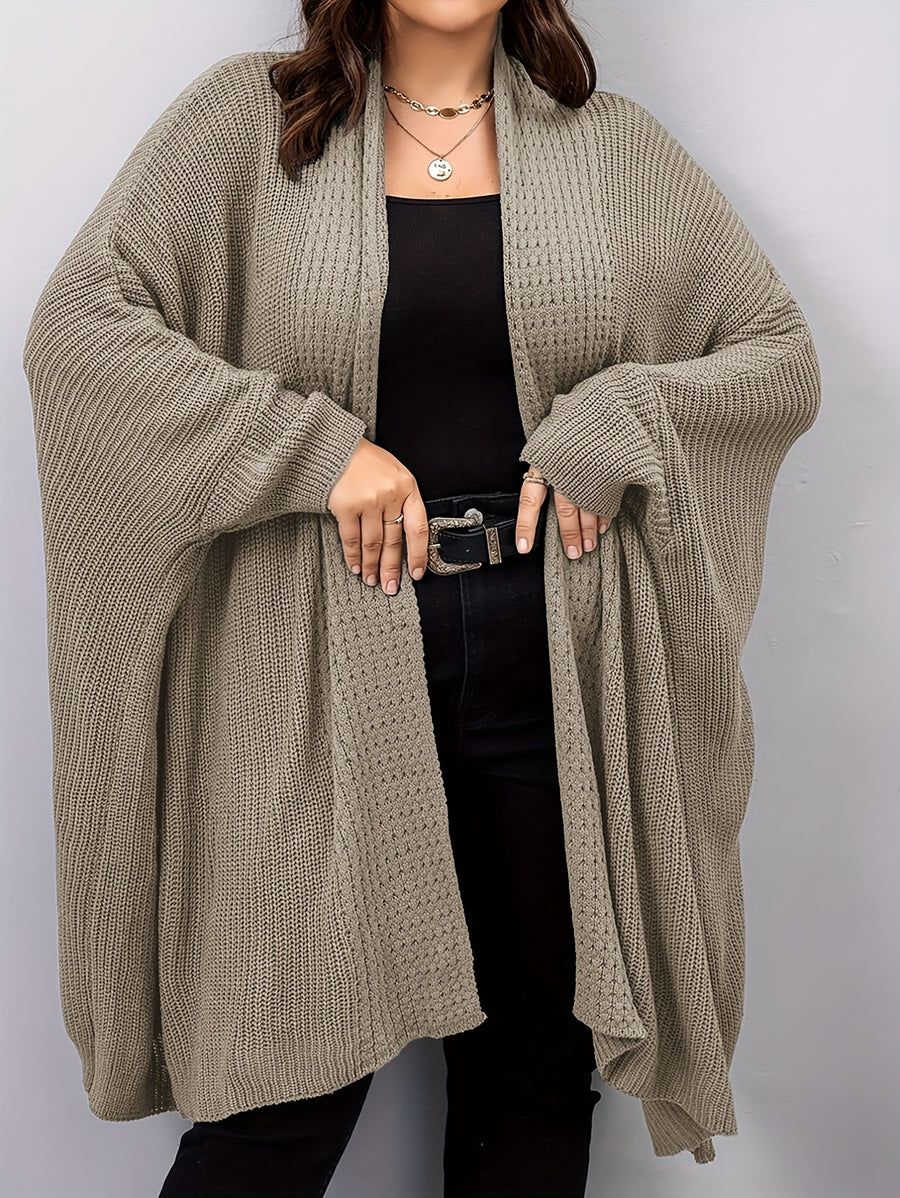 Plus Size, Plus Size Women's Batwing Sleeve Solid Open Front Cardigan - Khaki
