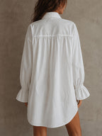 2026 Spring/Autumn Front Short Back Long Designer Style Loose Fit Elegant Solid Color Button-Up Elastic Cuffs Patchwork Lace Trim Women's Blouse ZLLZ - White