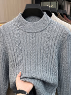 Men'S Semi-High Neck Jacquard Knit Sweater, Yarn Blend Thick Textured Velvet Base Layer, Stable Business Autumn Winter Knit Top - SINBOS - Light Mixed Grey