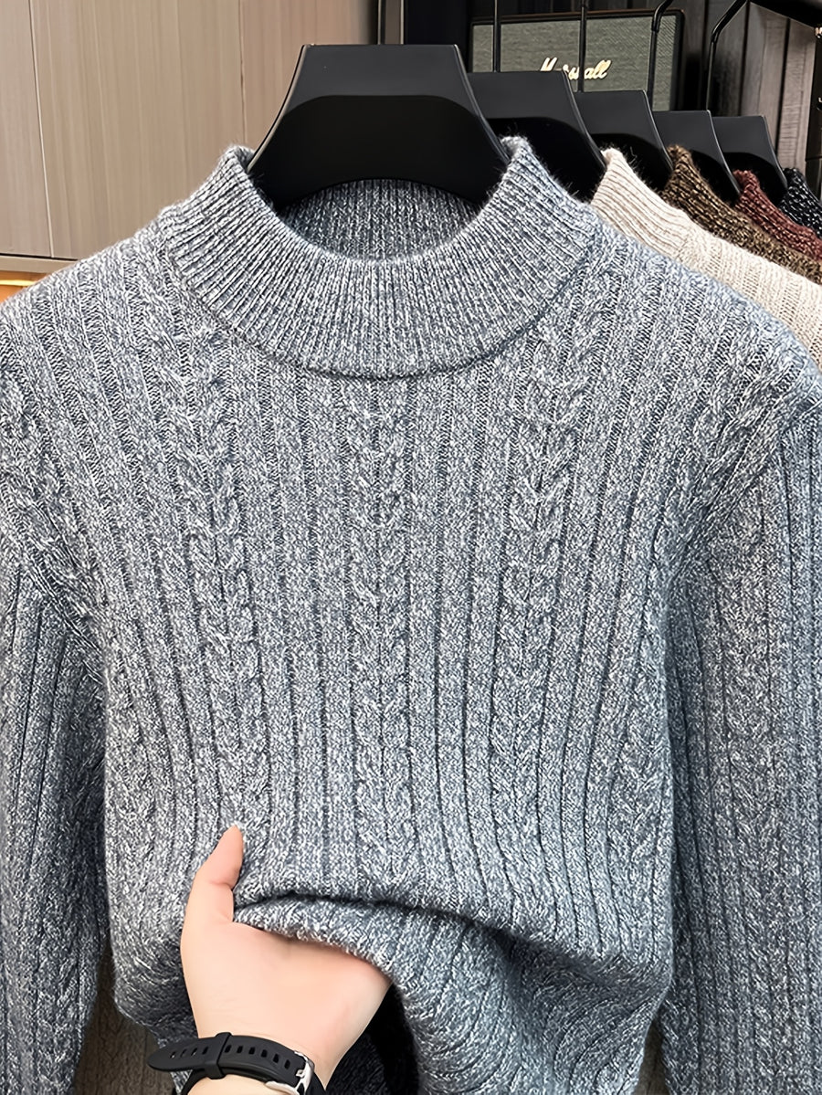 Men'S Semi-High Neck Jacquard Knit Sweater, Yarn Blend Thick Textured Velvet Base Layer, Stable Business Autumn Winter Knit Top - SINBOS - Light Mixed Grey