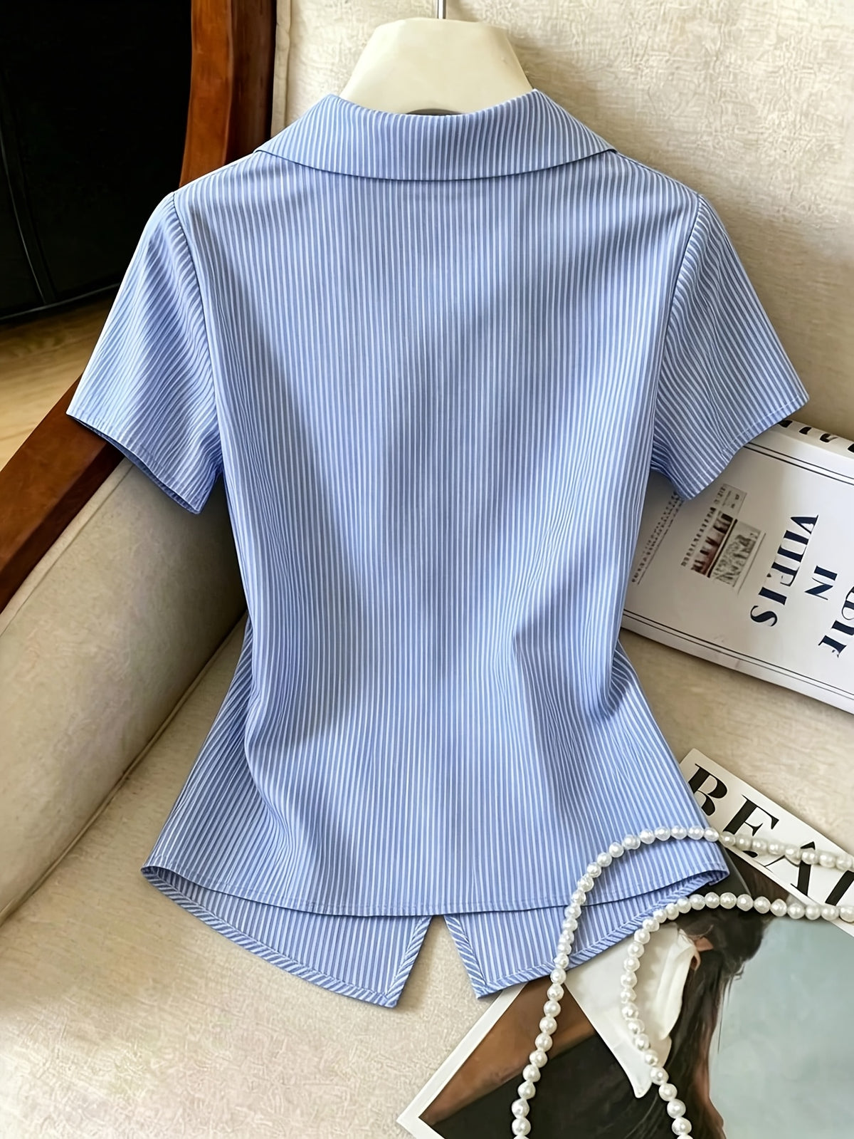 Women's New Elegant and Stylish Lapel Asymmetrical Tie Commuter Casual Versatile Blouse - Blue