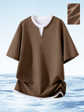 MIANZHI Men's Short Sleeve American Streetwear Brand T-Shirt, New Summer Loose Fit Casual 2-in-1 Look Half Sleeve Heavyweight Waffle Knit Fashion Outdoor Sports Top - Coffee Brown
