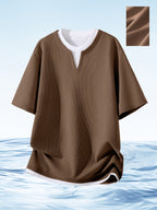 MIANZHI Men's Short Sleeve American Streetwear Brand T-Shirt, New Summer Loose Fit Casual 2-in-1 Look Half Sleeve Heavyweight Waffle Knit Fashion Outdoor Sports Top - Coffee Brown