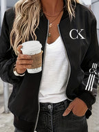 2026 Fashionable Individual Round Neck Design Women'S New Jacket Coat Carnival Letter Pattern Printed Top Casual Open Front Zippered Jacket, Circle - Black