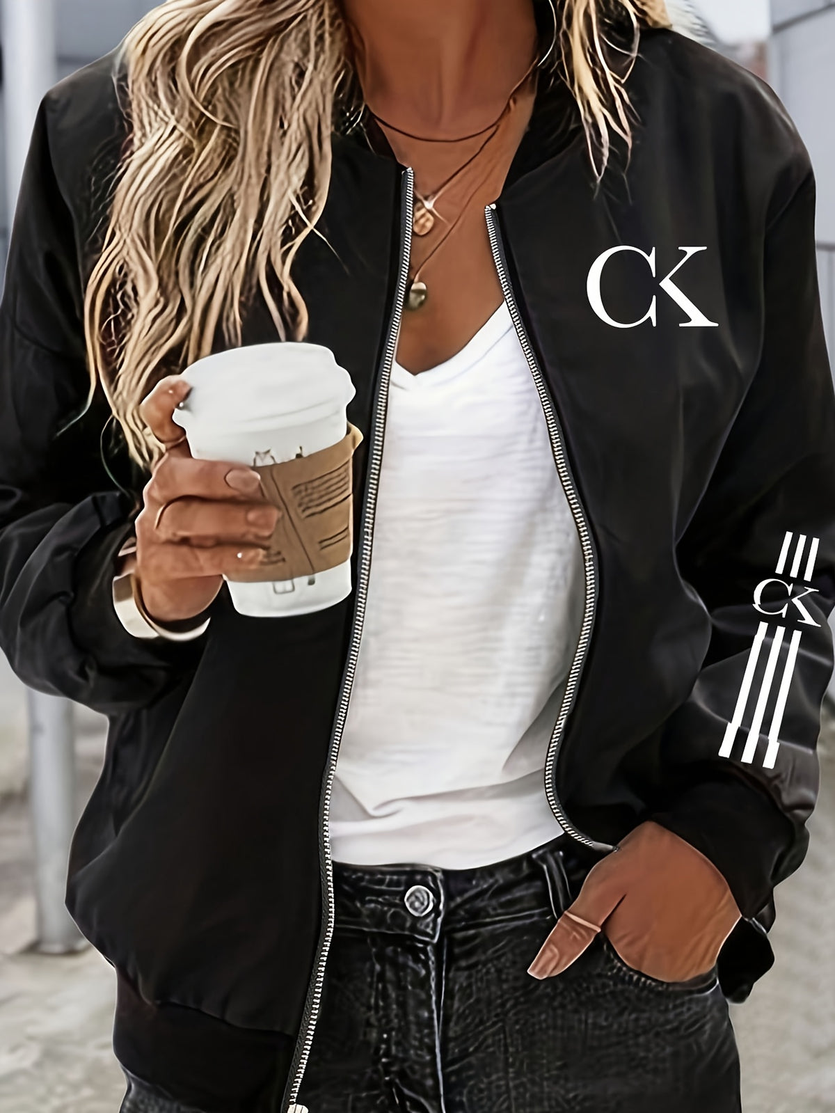 2026 Fashionable Individual Round Neck Design Women'S New Jacket Coat Carnival Letter Pattern Printed Top Casual Open Front Zippered Jacket, Circle - Black