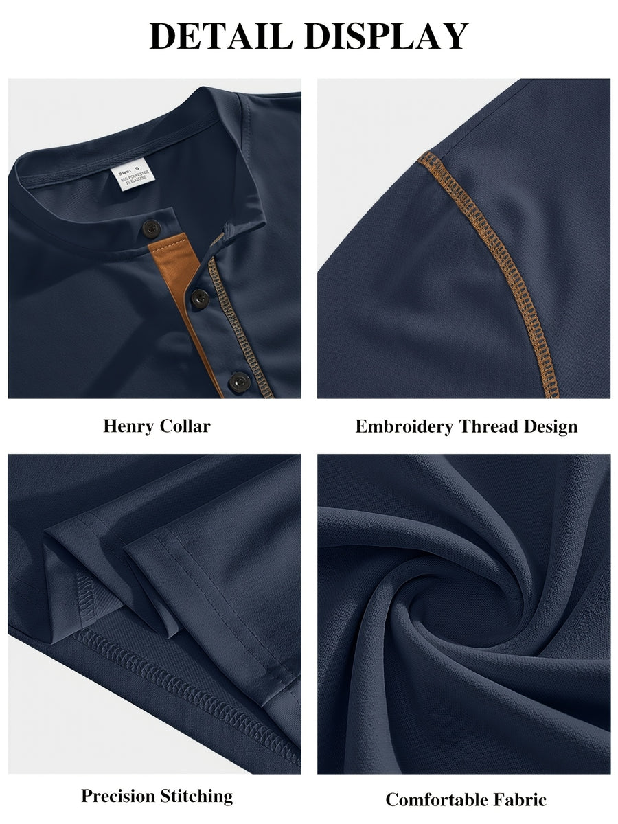3pcs Men'S Henley Long Sleeve T-Shirt Set, Spring/Autumn New Color-Block Decorative Pocket Top, Half-Button Casual Shirt, Skin-Friendly Breathable Lightweight Fabric, Comfortable Stretch, Multi-Color Combination, Casual All-Match - Khaki+Army Green+Wine Red