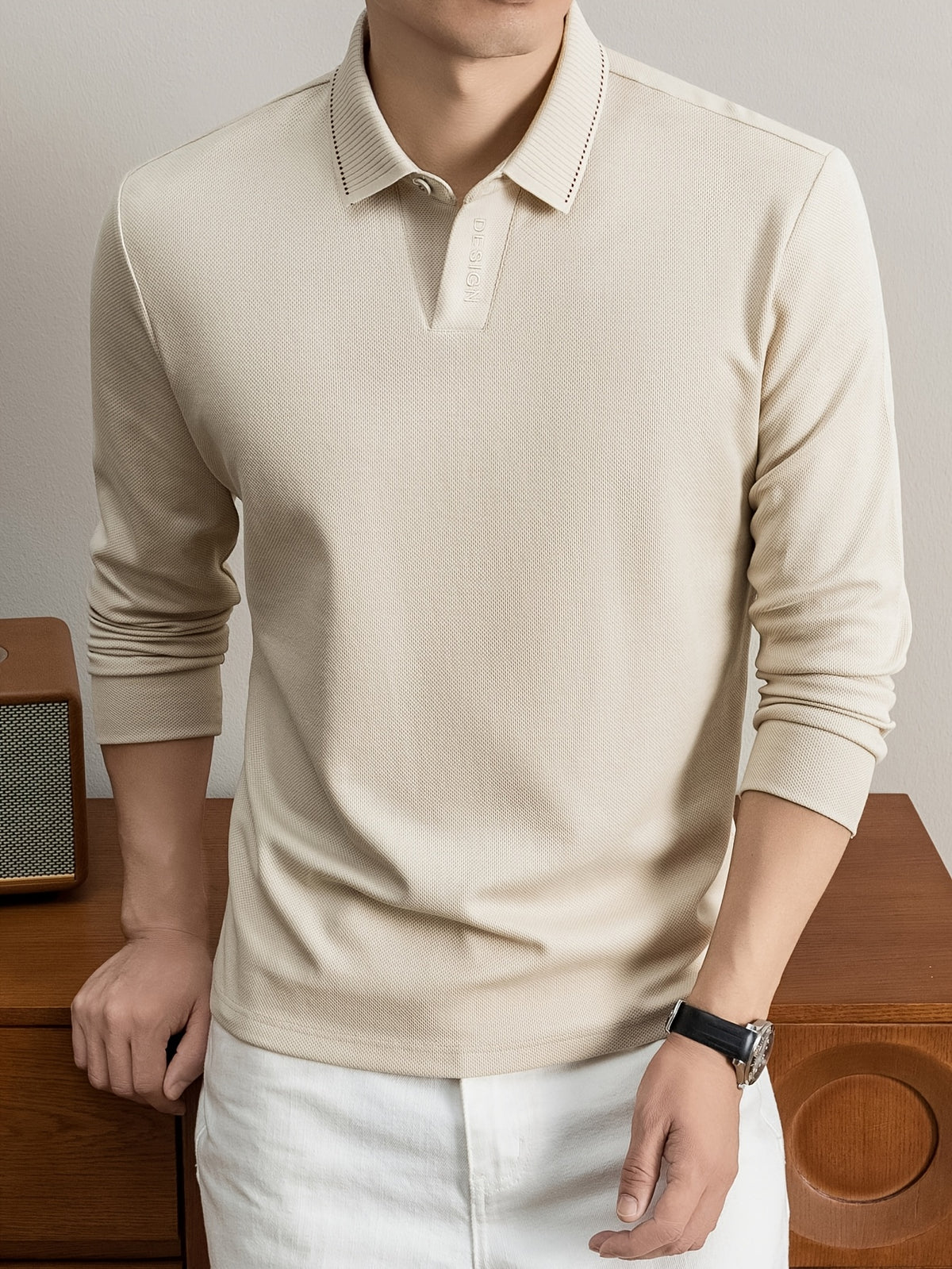 New Autumn 2026 Men's Long-Sleeve Solid Color Seagull Collar Lapel Casual Polo T-Shirt - Apricot
