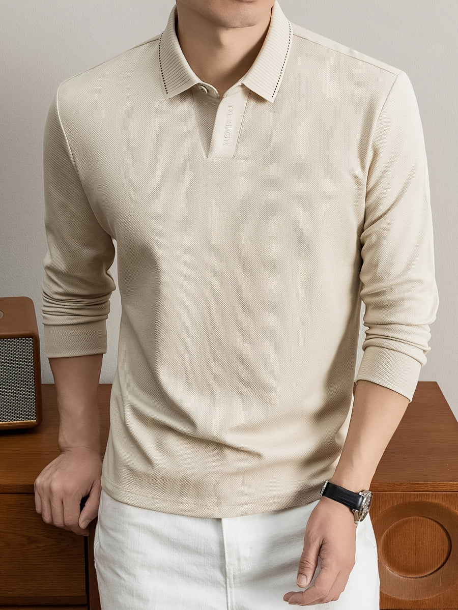 New Autumn 2026 Men's Long-Sleeve Solid Color Seagull Collar Lapel Casual Polo T-Shirt - Apricot