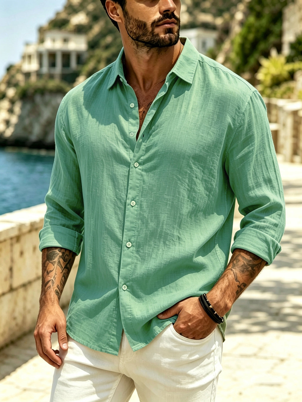 Men's Outdoor Button-Up Long Sleeve Solid Shirt for Back-to-School Season, Regular Fit Suitable for Daily Wear in Spring and Autumn - Green