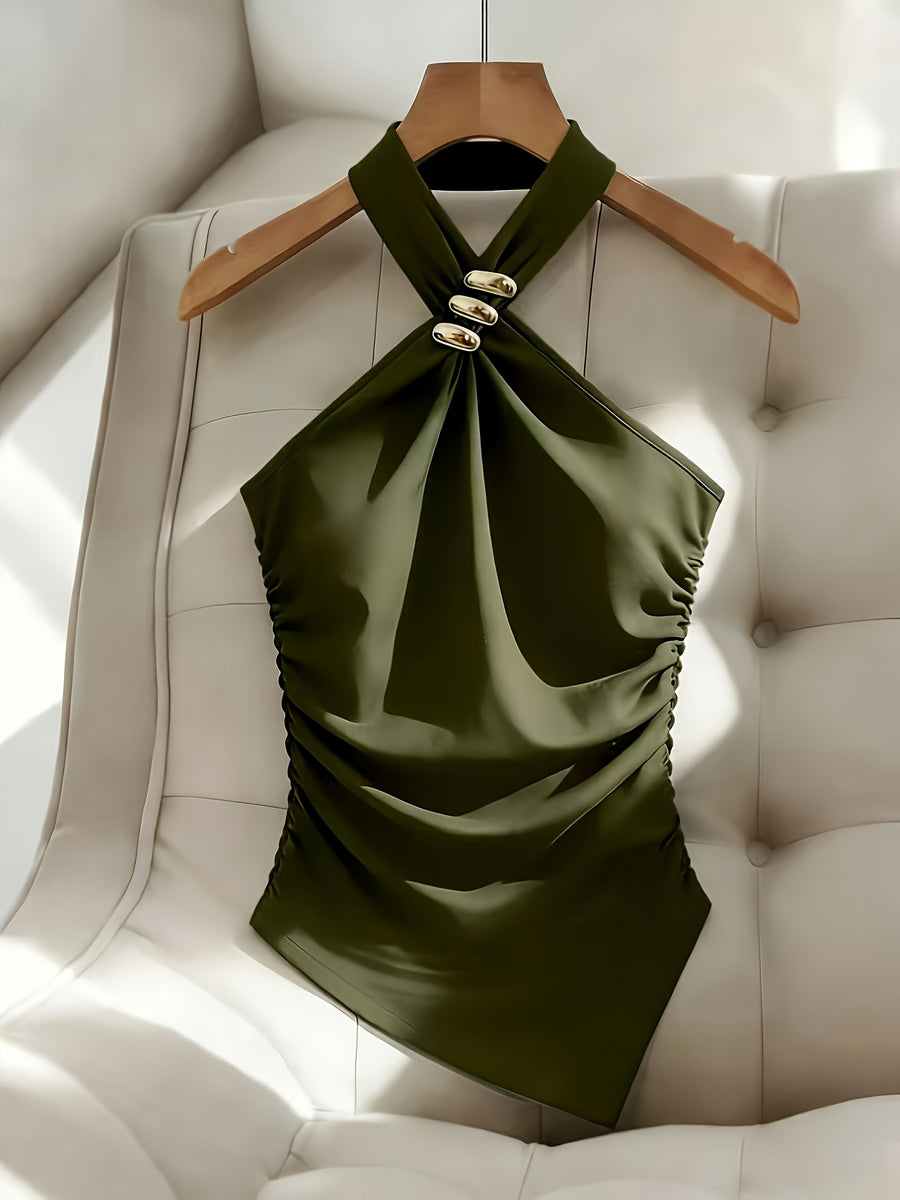 Spring Summer Women'S Slim Casual Asymmetrical Hem Vest, Metal Buckle Decor Sleeveless Halter Short Top - Olive Green