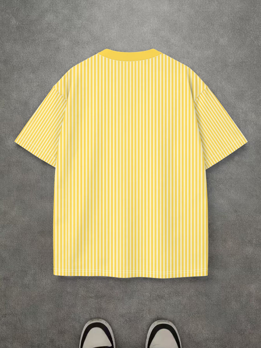 Vertical Stripe Men'S Round Neck Short Sleeve T-Shirt, Trendy Handwritten Letter Print Casual Daily Commute Top - Mixed colors