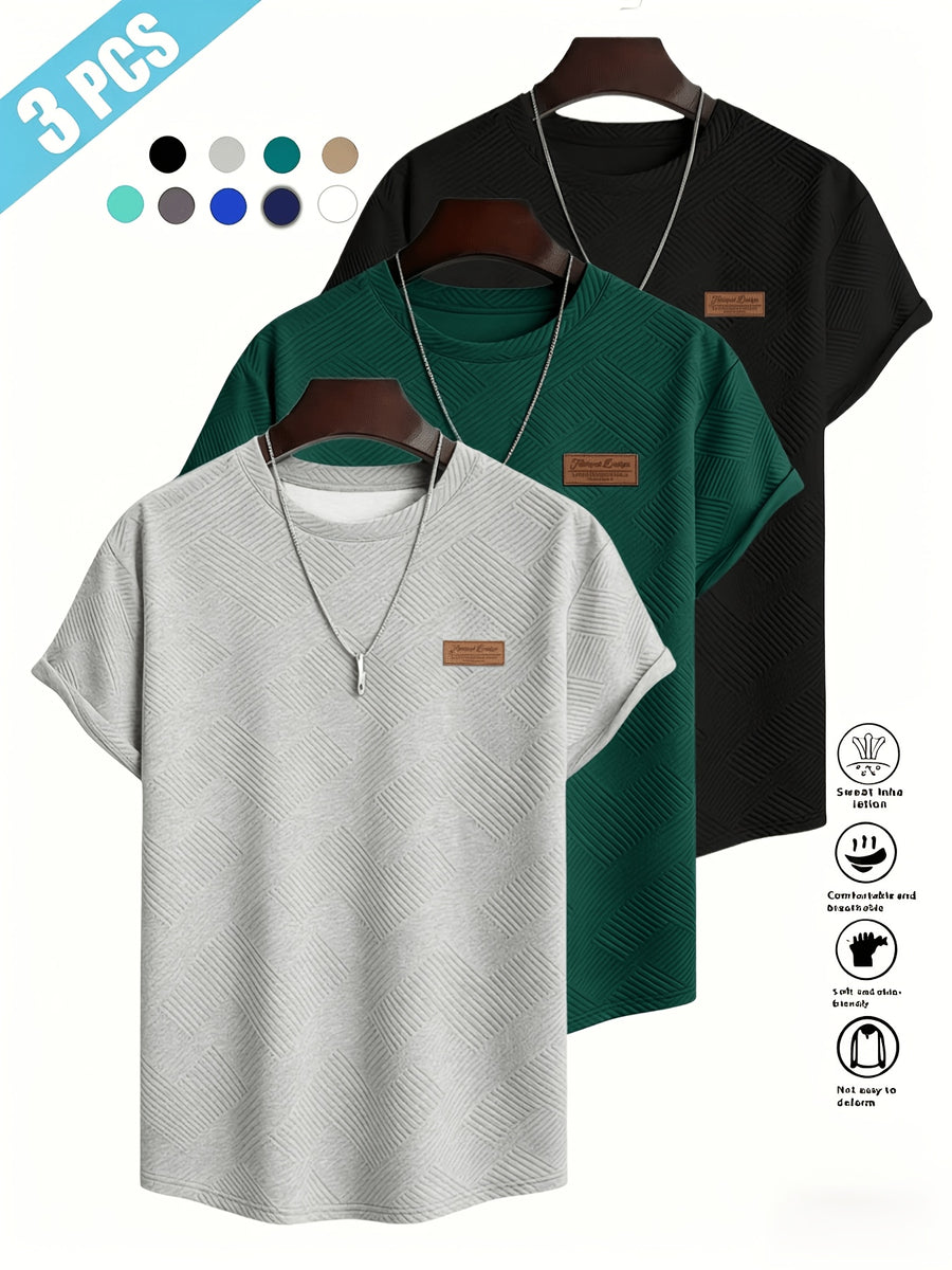 [Villa Le Water OBM] 3pcs Set Men'S Summer Fashion Round Neck T-Shirt, 3D Geometric Pattern Men'S Top, Comfortable And Versatile Short Sleeve, Suitable for Outdoor Street, Daily Casual, Outdoor Sports - Light Gray+Dark Green+Black