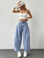 Patchwork Light Blue Women's Denim Ankle Pants - Light Blue