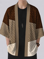 Summer New Men'S Kimono Cardigan, Loose Casual Trendy Thin Cloak Jacket Men'S Vacation Style, Digital Print All-Match Retro Robe Brown Series Texture Fabric Pattern - Mixed colors