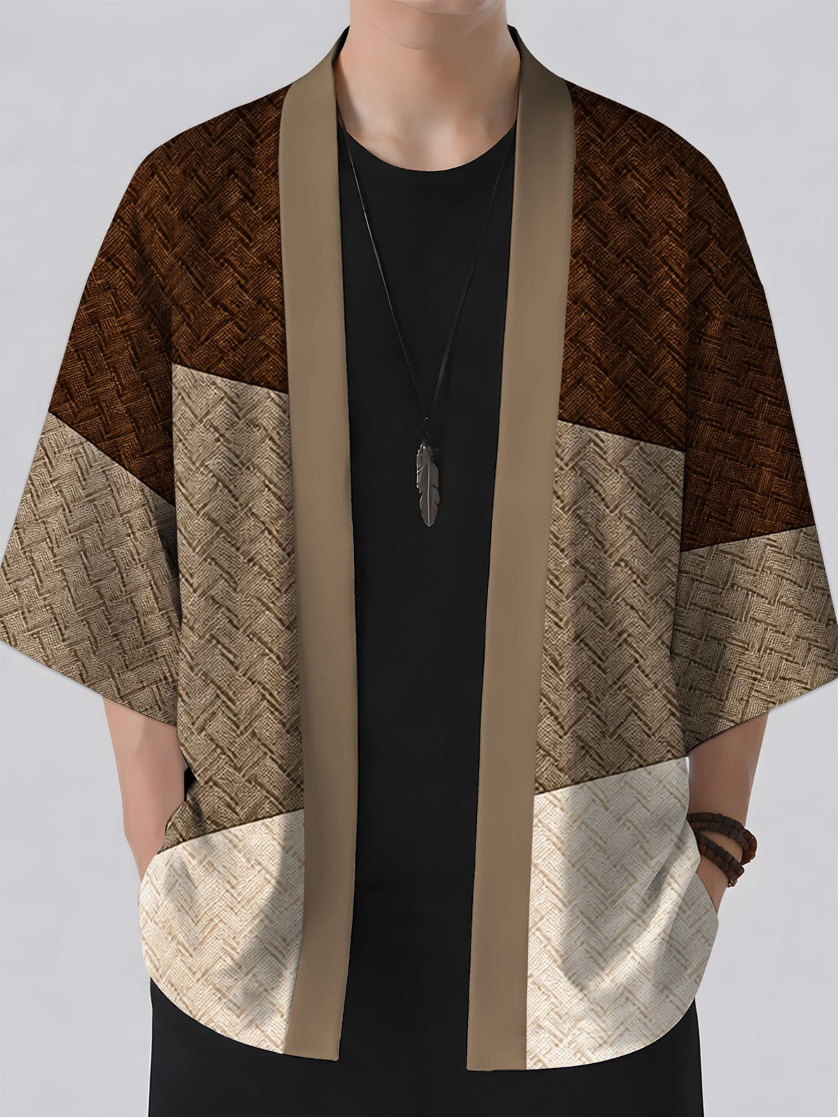 Summer New Men'S Kimono Cardigan, Loose Casual Trendy Thin Cloak Jacket Men'S Vacation Style, Digital Print All-Match Retro Robe Brown Series Texture Fabric Pattern - Mixed colors