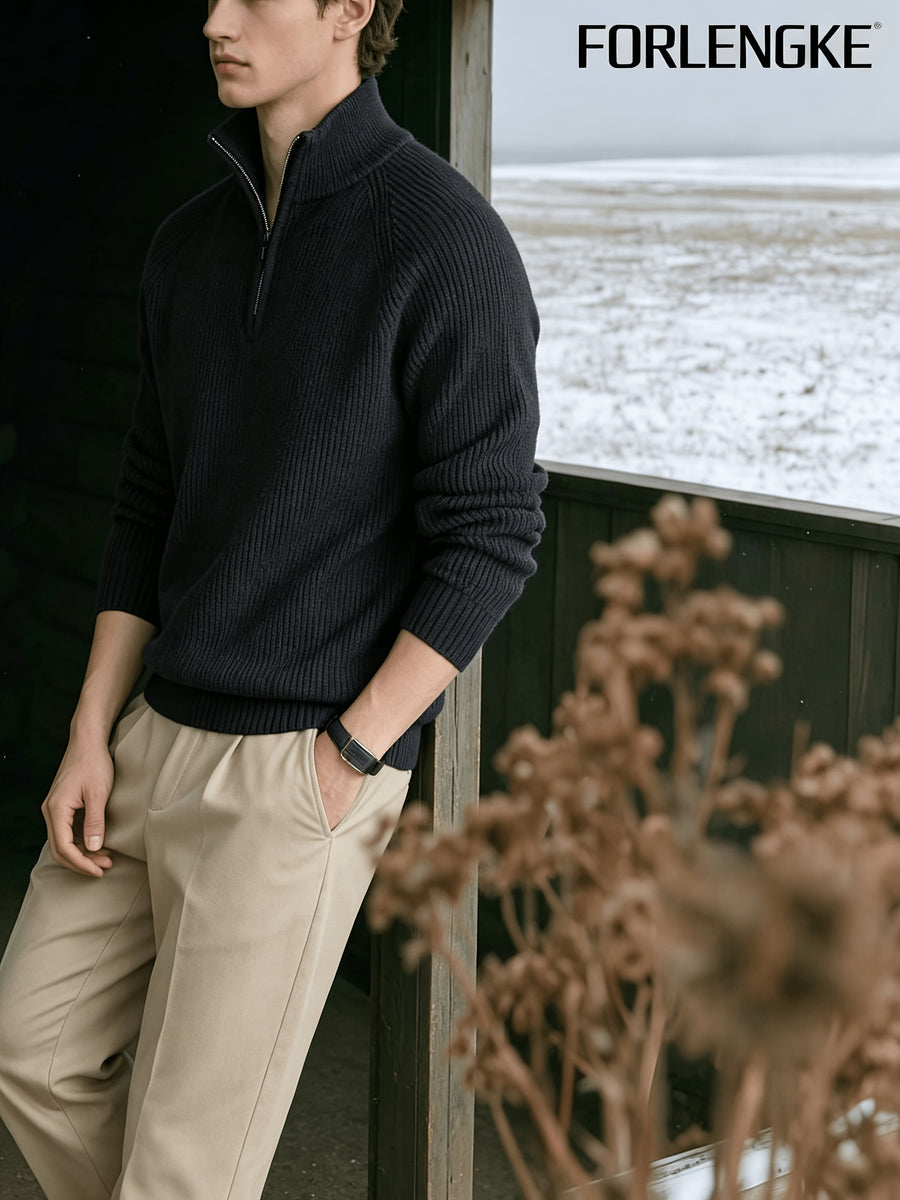 FORLENGKE Stylish Elegant Men'S Business Casual Quarter Zip Ribbed Knit Sweater, Soft Warm Long Sleeve Pullover for Fall Winter Office Daily Wear - Black