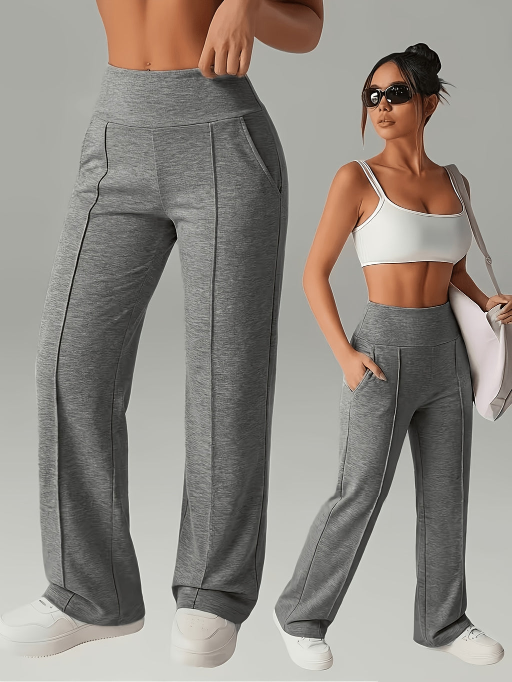 Plus Size, Women's Casual Pants with Pockets, High-waisted Stretch Pants. Suitable for All Seasons, These Women's Long Pants Are Perfect for Both Home and Outdoor Wear - Dark Gray