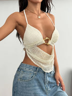 Fashion Women's Summer Sexy Bohemian Beach Vacation Concert Outfit, Women's Backless Tie-Neck Metal Embellished Crochet Summer Top, Women's Summer Clothing, Women's Sexy Club Wear, Rave Top - Apricot