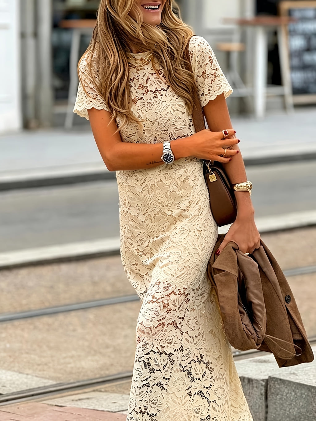 Spring Summer New European Middle Eastern Fashion Women'S Lace Patchwork Semi-Sheer Round Neck Short Sleeve Versatile Elegant Outerwear Single Piece Women'S Dress - Apricot