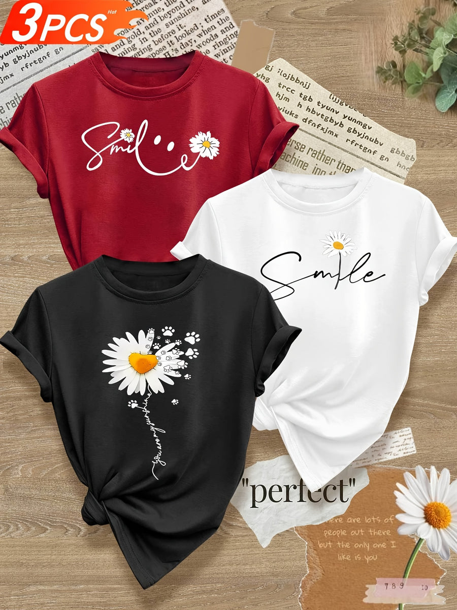 Smiling Letter Small Flower Series 3pcs Mixed Pack, Family Pack, Sisters Pack, Printed Fashion Vintage Style Women's Summer Casual Sporty Style Round Neck Short Sleeve T-Shirt, Multiple Colors Available, Sizes S-XXL - Red Black And White