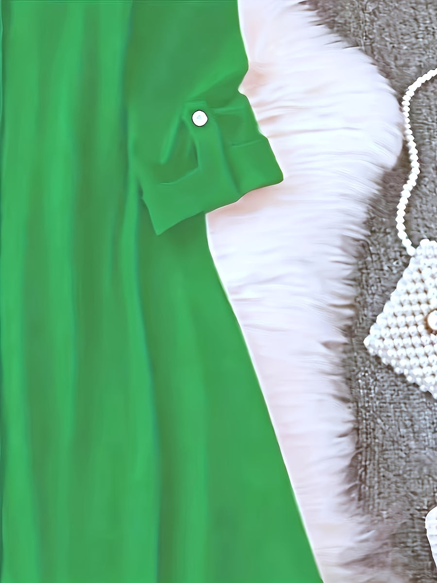Ladies Mid-Length Shirt | Casual Long Shirt With Lapel Collar, Three Quarter Length Roll-Up Sleeves, Flared Hem, Button Details, Single Breasted Placket, Loose Fit For Weekend Casual - Emerald Green