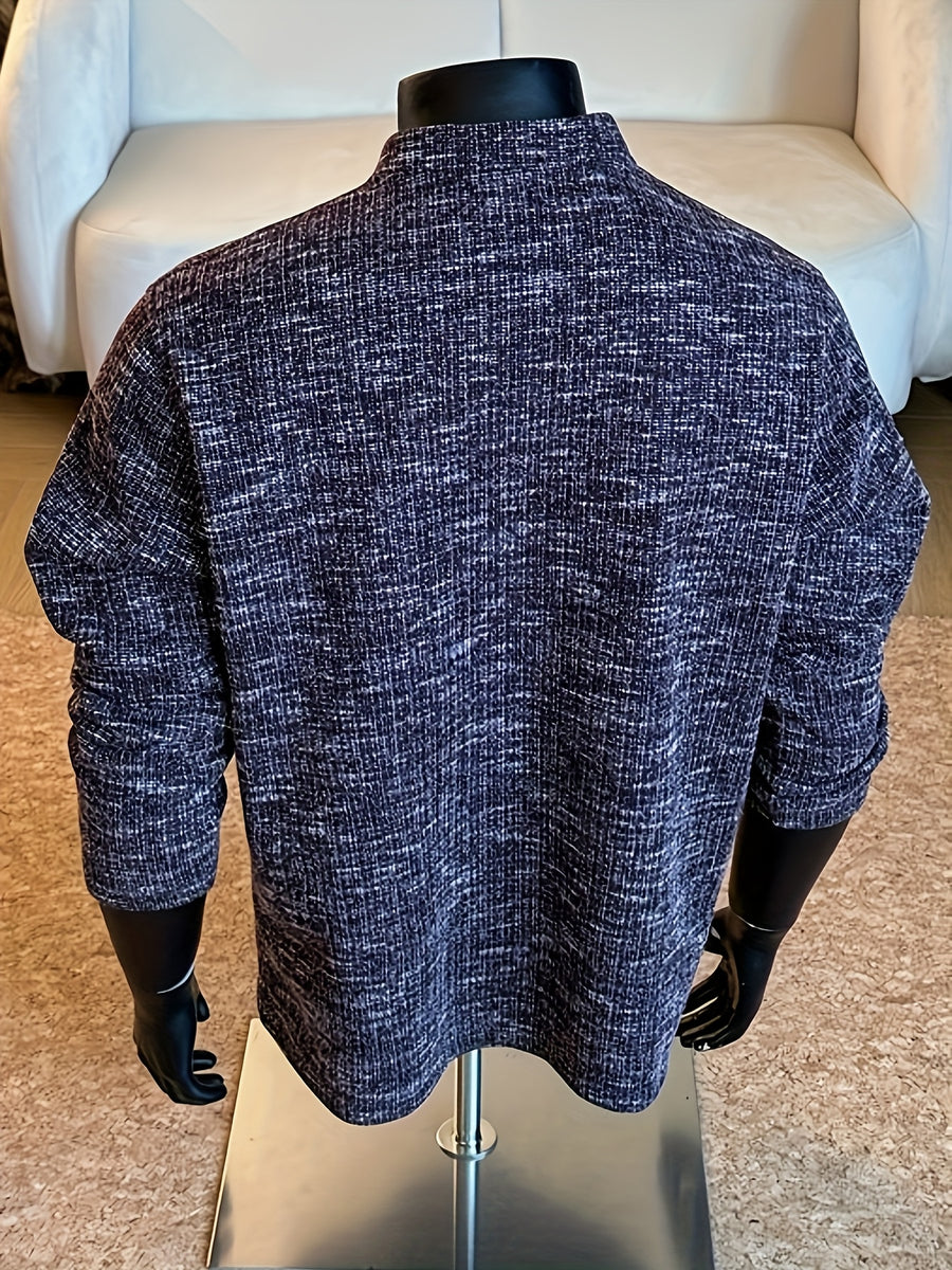 Autumn/Winter Striped Men's Loose Long Sleeve Casual Stand Collar -Lined - Fuchsia
