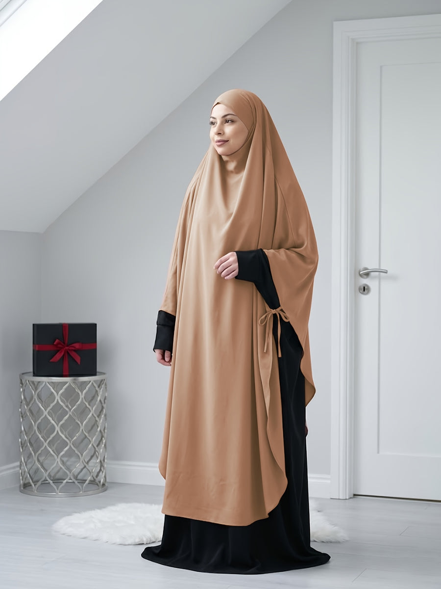 Solid Color Nidaga Prayer Jilbab. The Fabric Is Skin-Friendly And Breathable, Suitable for Women to Wear And Pray Everyday. Robe Abaya (One-Piece Khimar) with Strong Drape, Loose Fit, Ideal for Busy Daily Use Or Prayer - Yellowish-brown