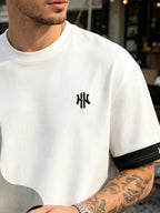 [Printed Design Not Textured] Minimalist Streetwear Men'S Crew Neck Casual T-Shirt with Standard Curved Wave Cut, Layered Spliced Sleeves, And Symmetrical Letter Prints for Daily Commute - Mixed colors