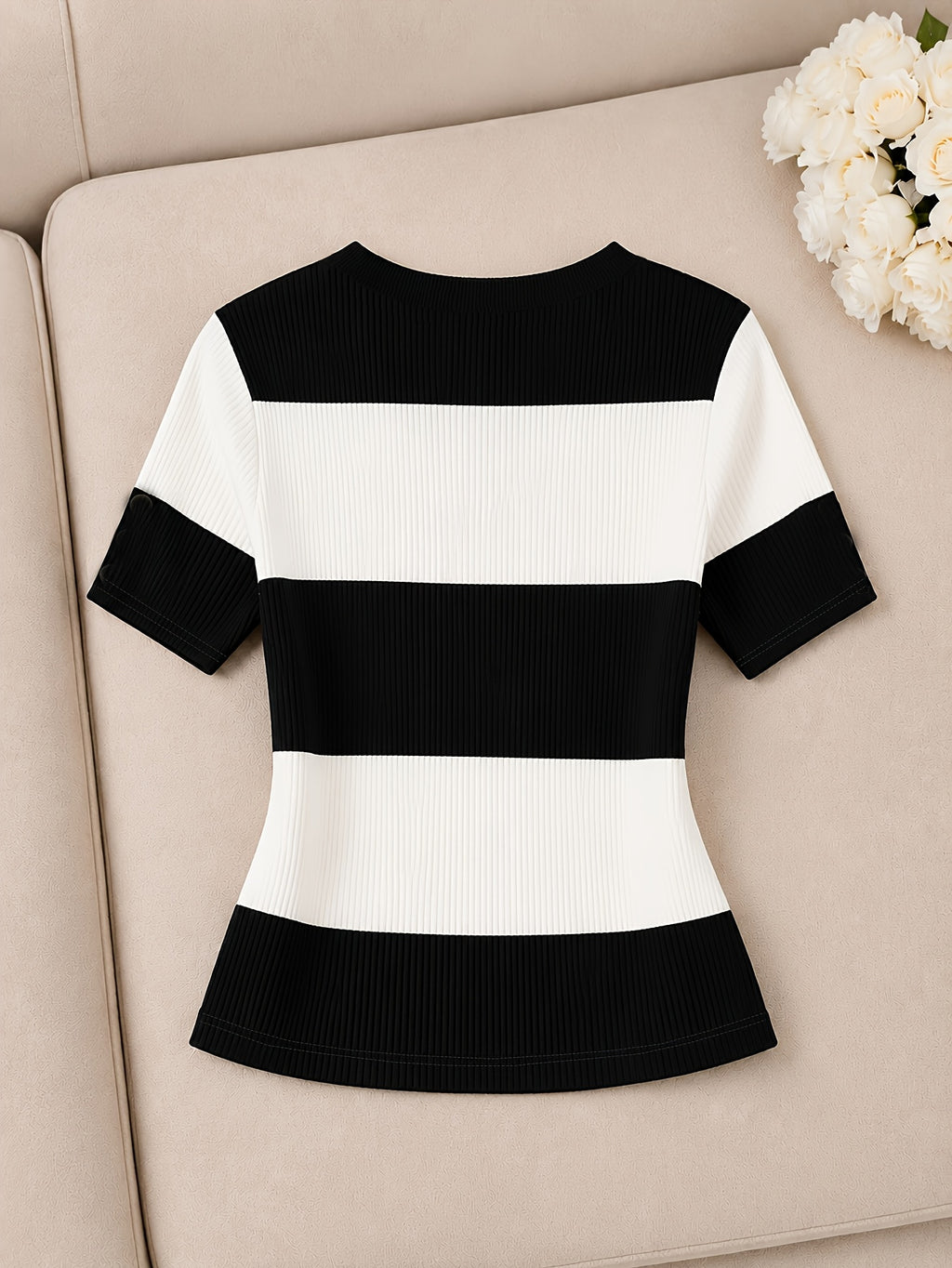 Color-block Striped Sweater, Slim Fit, V-neck, Versatile Daily Short Sleeve - Black And White Stripes