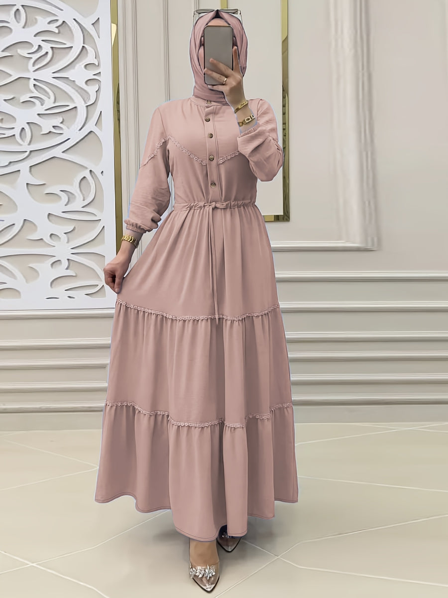 Middle Eastern Muslim Solid Color Long Women's Dress - Light Pink Color