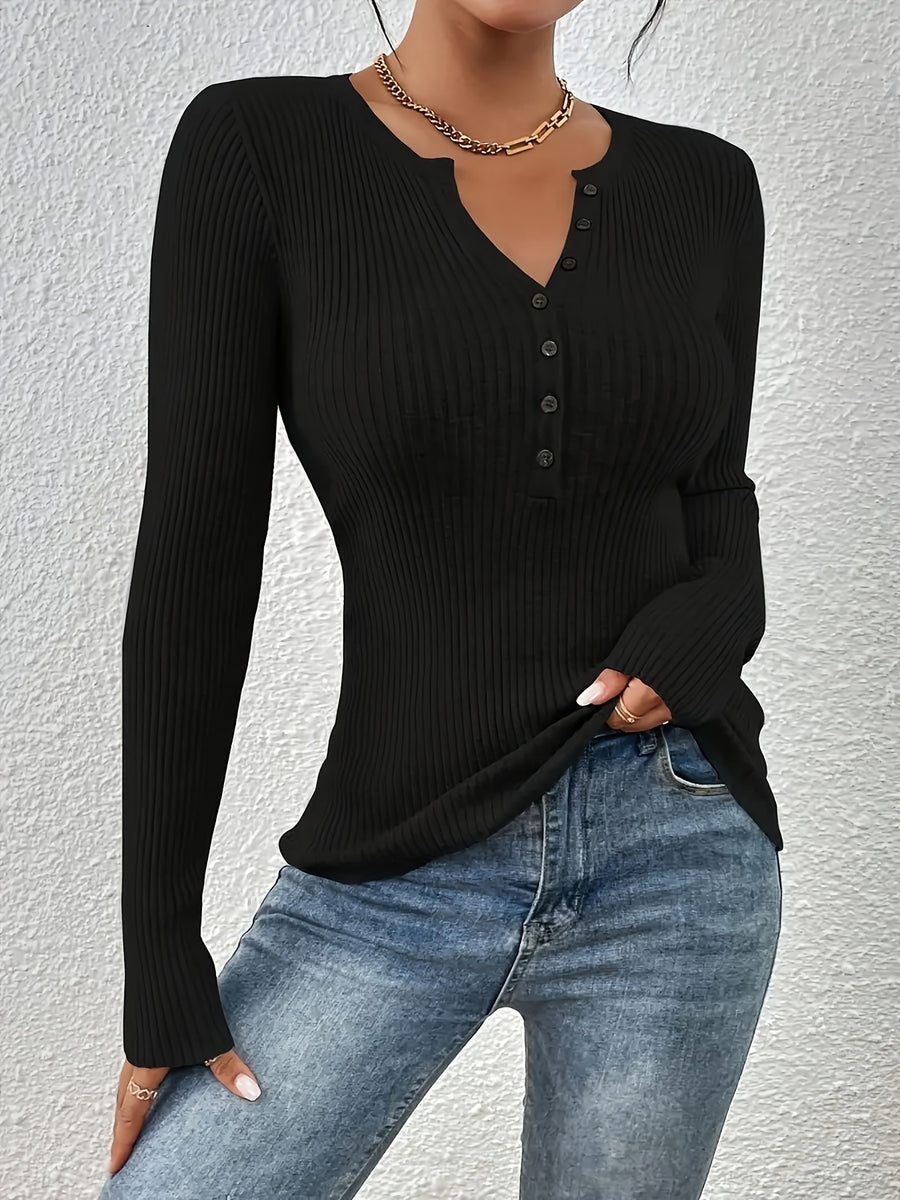 Front button solid ribbed sweater, elegant long-sleeve fitted cardigan, suitable for autumn and winter season, Women's clothing - Black