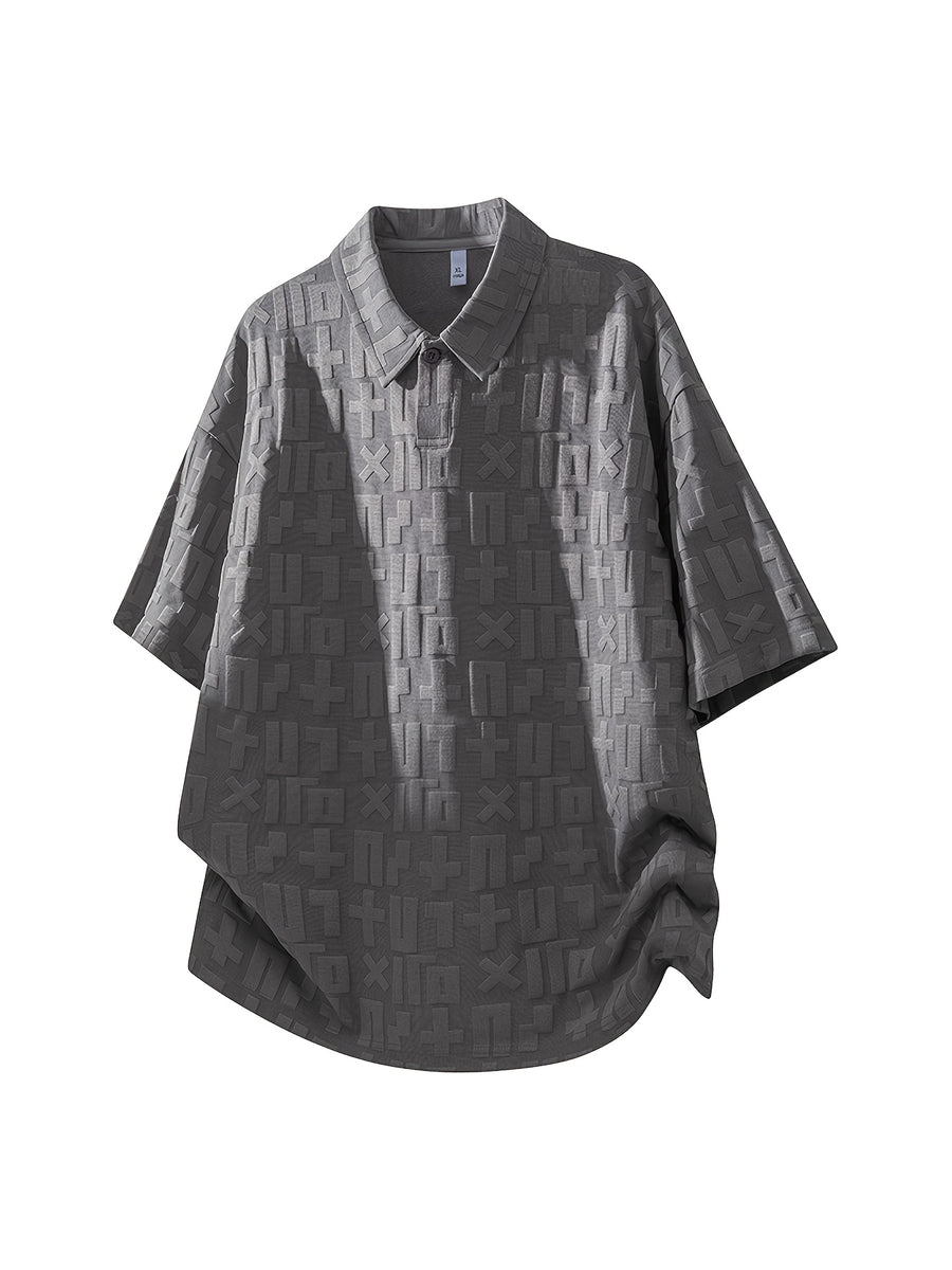 Men'S Summer Jacquard Textured Short Sleeve T-Shirt, Premium Casual Loose Top - Grey