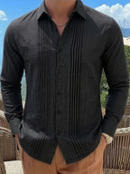 Men'S Fashion Top, Long Sleeve Gualabera Shirt with Pleated Front, Casual Shirt for Vacation, All-Season Casual Style - Black