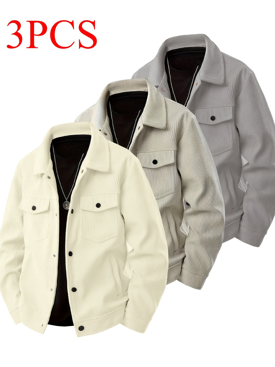 Joshmei OBM Autumn/Winter New Arrival Men's Solid Color Fashion Multi-Pocket Button-Up Cargo Jacket Outerwear 3pcs Set - White+Khaki+Gray