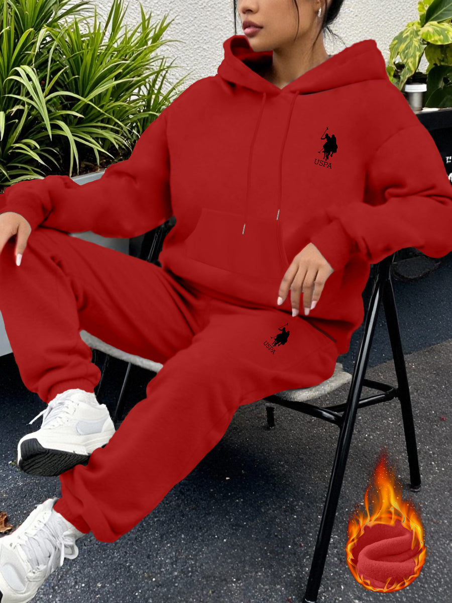 USPA Letter Pattern Printed Women'S Fleece Hoodie And Sweatpants Sports Set for Autumn And Winter. This Pullover Is Machine Washable, Featuring a Comfortable Top Made of Soft Fabric, Perfect for Everyday Wear. The Fleece Design Is Made of 100% - Bright Red