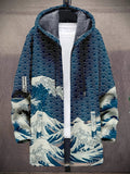 Vintage Japanese Art Wave Pattern Printed Fashion Men's Plush Thick Long-Sleeved Cardigan Coat Winter Warm Zipper Hooded Coat - Navy Color