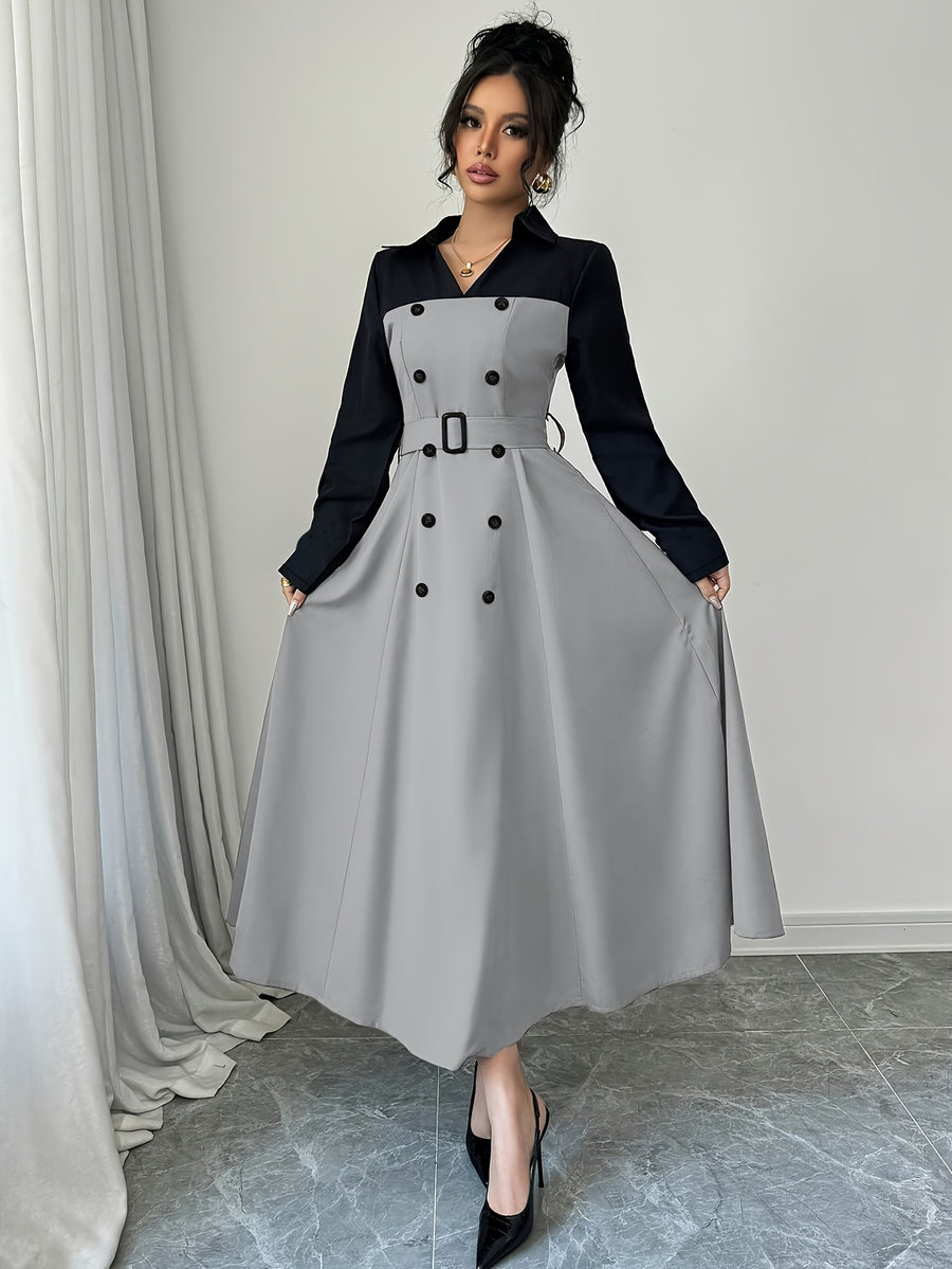 Fashionable Versatile Elegant Commute V-Neck Patchwork Contrast Solid Long Sleeve Waist-Cinching Belt Dress - Silvery Grey