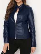 Women's Elegant PU Jacket - 2025 New Style Women's Jacket Outerwear - Full Zip Long Sleeve Motorcycle Biker Jacket for Women, Spring, Autumn, Winter Outerwear, Suitable for Casual and Formal Wear, Durable, Structured Fit, Stand Collar - Blue