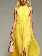 New Spring/Summer 2026 Small Round Neck Fashionable Split Versatile Women's Dress - Yellow