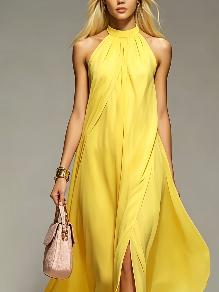 New Spring/Summer 2026 Small Round Neck Fashionable Split Versatile Women's Dress - Yellow