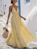 Women'S Summer Vacation Style Printed Backless Drawstring Dress, Perfect for Parties, Birthdays, And Dates - Yellow