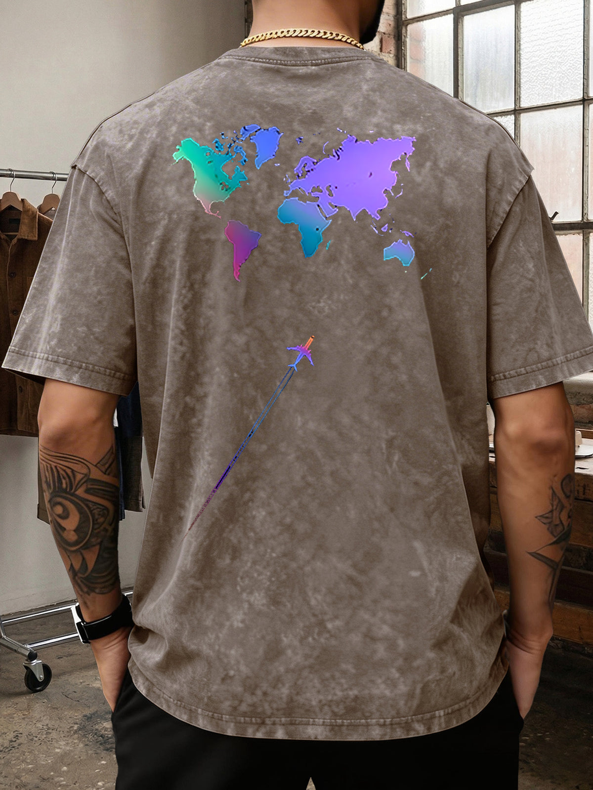 Men's Heavyweight T-Shirt Washed Distressed Gradient World Map Airplane Fashion Print Vintage Heavy Cotton Streetwear High Street Style Summer Casual Versatile Gym Fitness Daily Commute Tee 2026 Urban Fashion - Brown