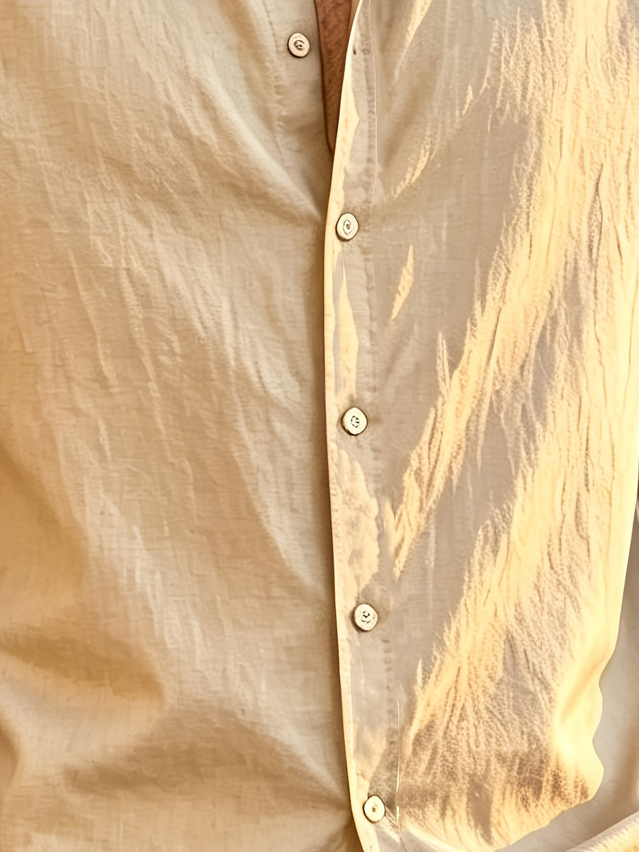 Vacation Style Men'S Summer Long Sleeve Shirt, Classic Lapel Single-Breasted Design, Multiple Basic Solid Colors Available, Suitable for Daily Commute And Beach Travel (Shirt) - Khaki