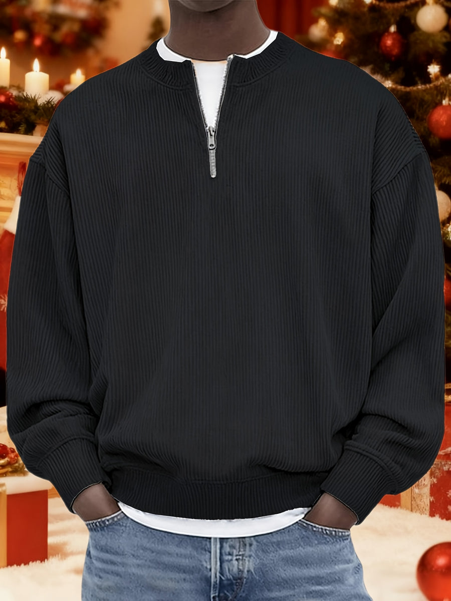 Men's Corduroy Half-Zip Knit Sweatshirt, Casual Versatile -Lined Long Sleeve Top, Autumn Winter Casual Loose Knitwear, Trendy Versatile Multiple Colors Available - Black Gray